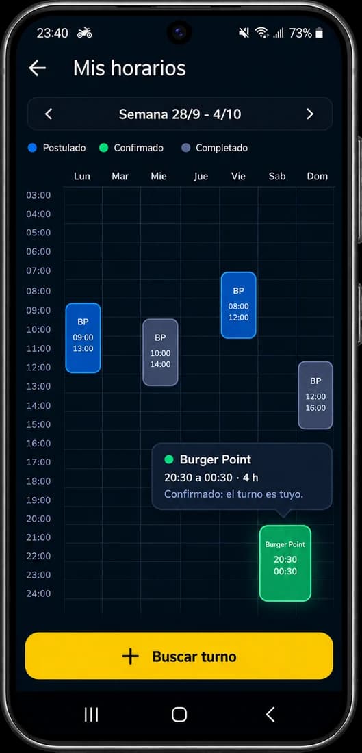 La pantalla de horarios, con la semana completa y los turnos marcados