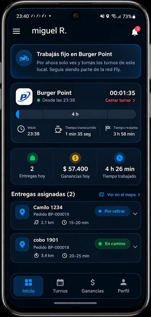 La pantalla del turno en curso: el tiempo trabajado, las entregas hechas y los pedidos asignados