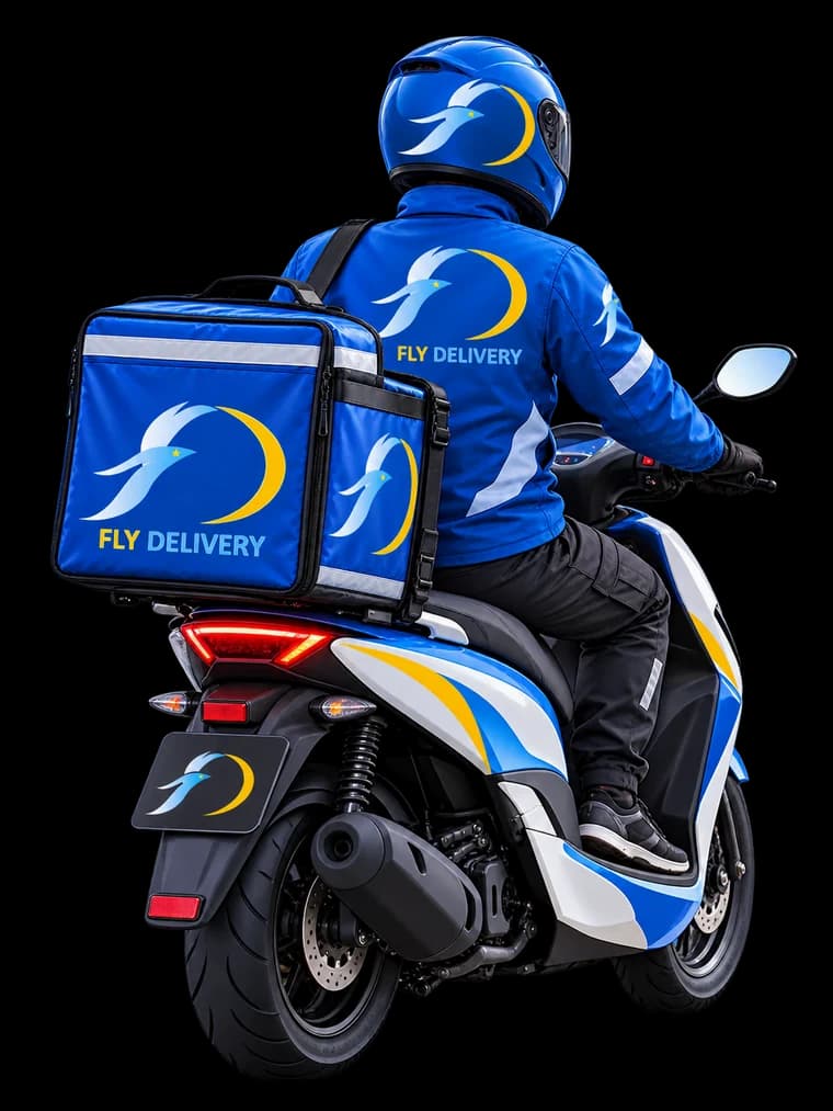 Repartidor de Fly en su moto, con la mochila térmica puesta