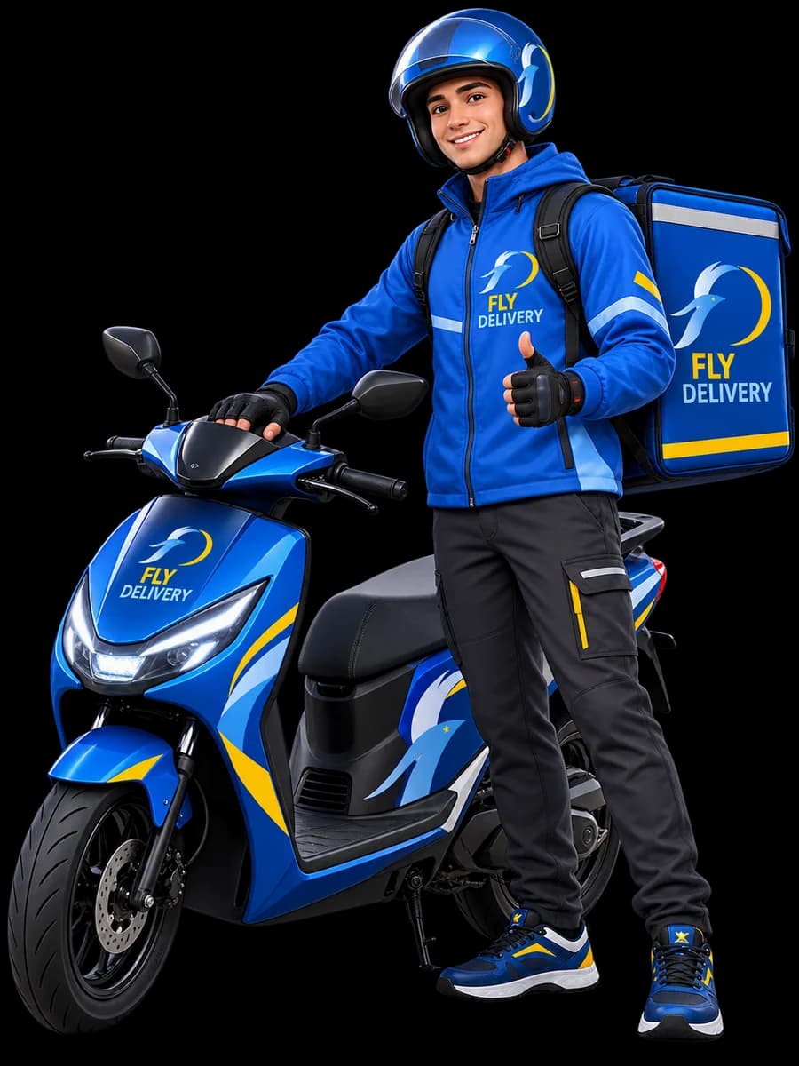 Repartidor de Fly con su campera y su mochila, al lado de la moto